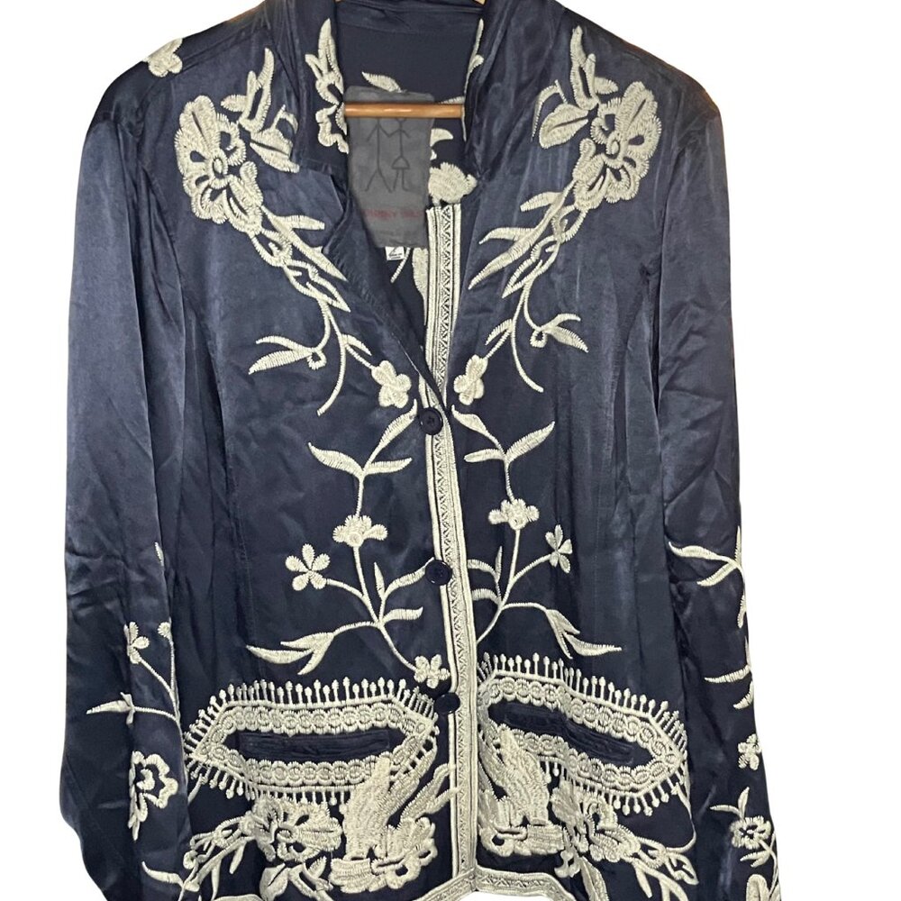 Johnny Was Navy Embroidered Kimono Jacket Size L Boho Chic Art to Wear - Picture 2 of 7